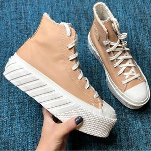 Converse CTAS Lift 2X Hi Platform Leather Sneakers in Vachetta Beige White